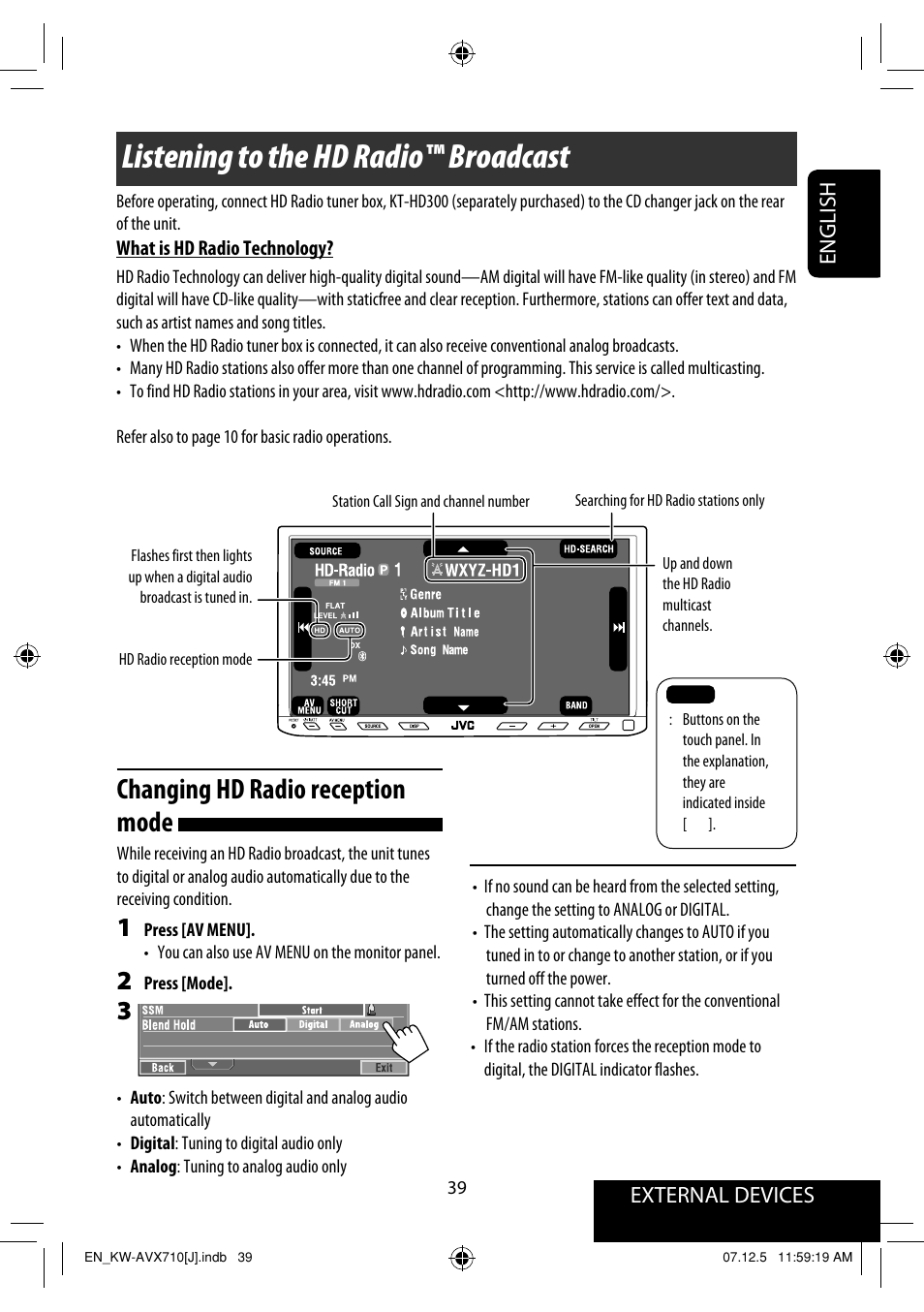 Listening to the hd radio broadcast, Listening to the hd radio™ broadcast, Changing hd radio reception mode | External devices english | JVC LVT1778-001A User Manual | Page 39 / 666