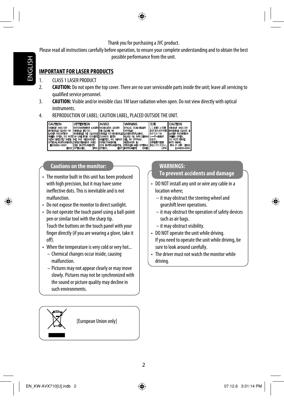 Important for laser products, English | JVC LVT1778-001A User Manual | Page 390 / 666