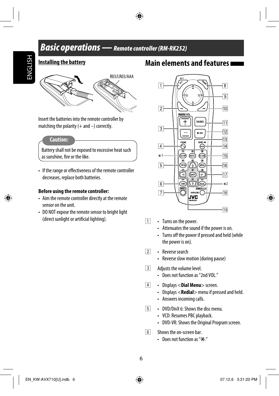 Basic operations — remote controller (rm-rk252), Basic operations, Main elements and features | English, Remote controller (rm-rk252) | JVC LVT1778-001A User Manual | Page 394 / 666