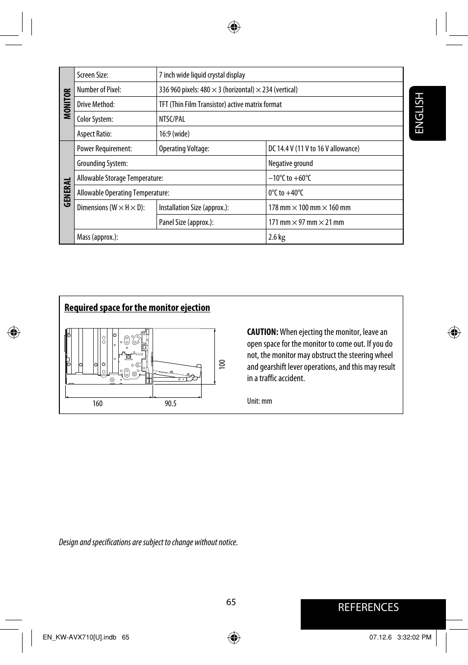 References english, Required space for the monitor ejection | JVC LVT1778-001A User Manual | Page 453 / 666