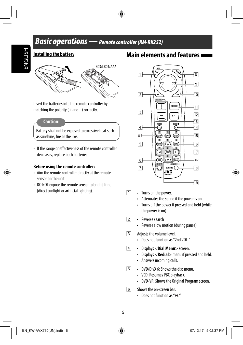 Basic operations — remote controller (rm-rk252), Basic operations, Main elements and features | English, Remote controller (rm-rk252) | JVC LVT1778-001A User Manual | Page 466 / 666