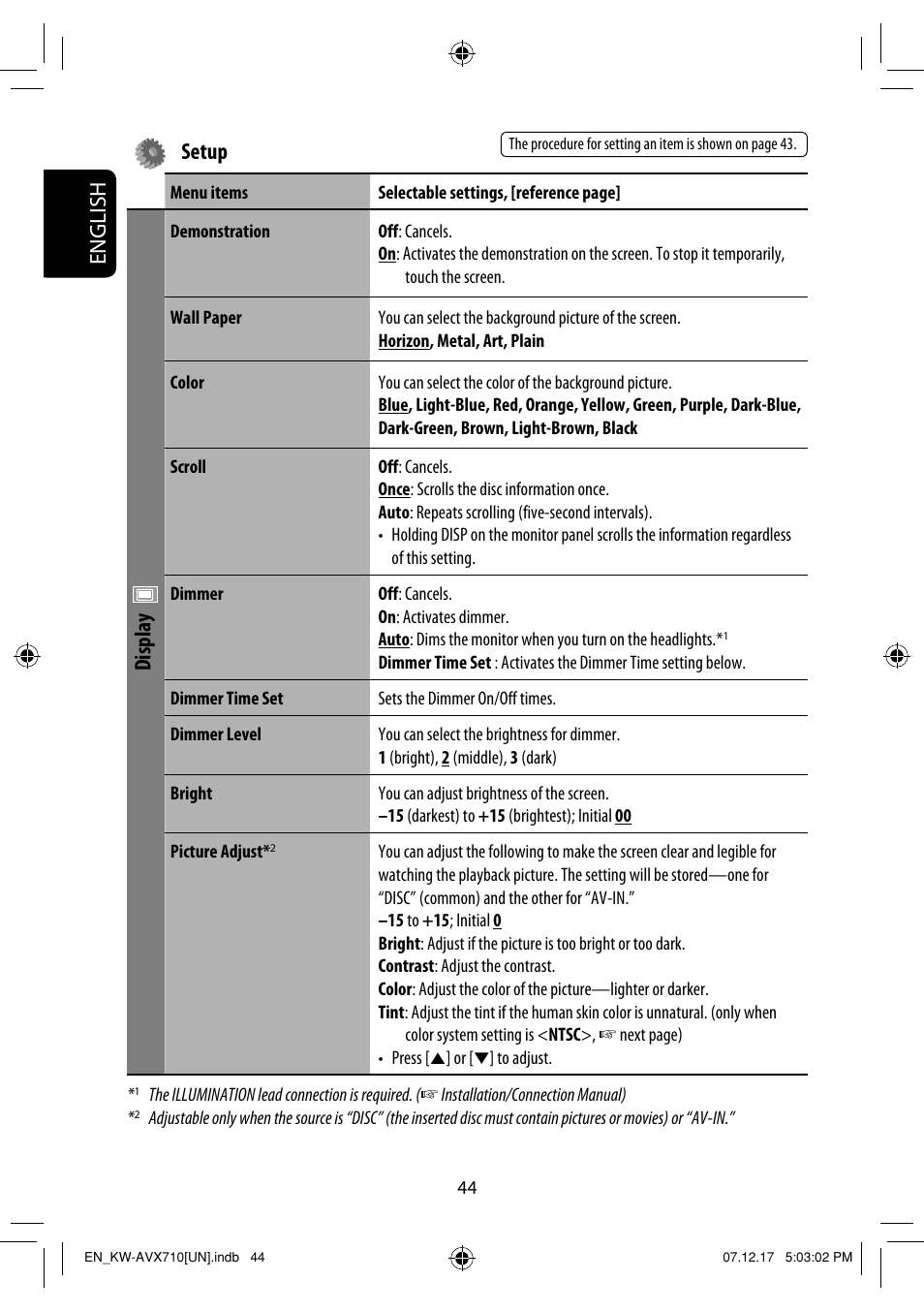 English setup, Display | JVC LVT1778-001A User Manual | Page 504 / 666