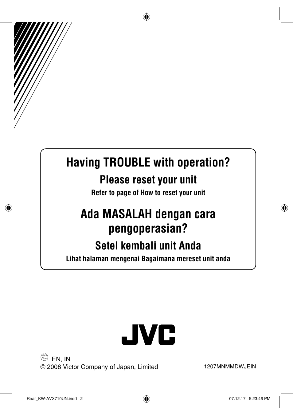 Having trouble with operation, Ada masalah dengan cara pengoperasian, Please reset your unit | Setel kembali unit anda | JVC LVT1778-001A User Manual | Page 526 / 666