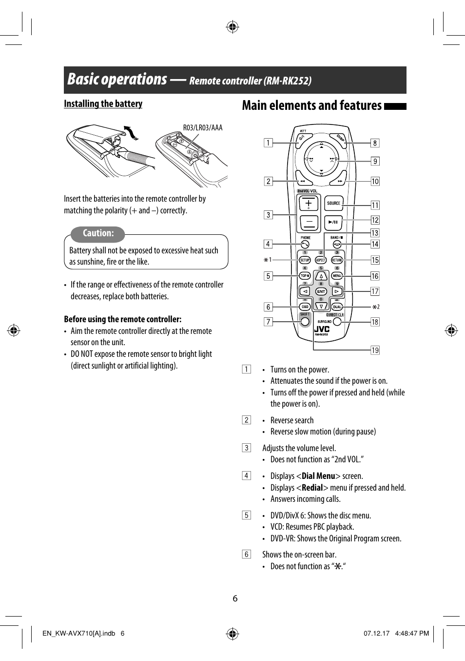 Basic operations — remote controller (rm-rk252), Basic operations, Main elements and features | Remote controller (rm-rk252) | JVC LVT1778-001A User Manual | Page 536 / 666