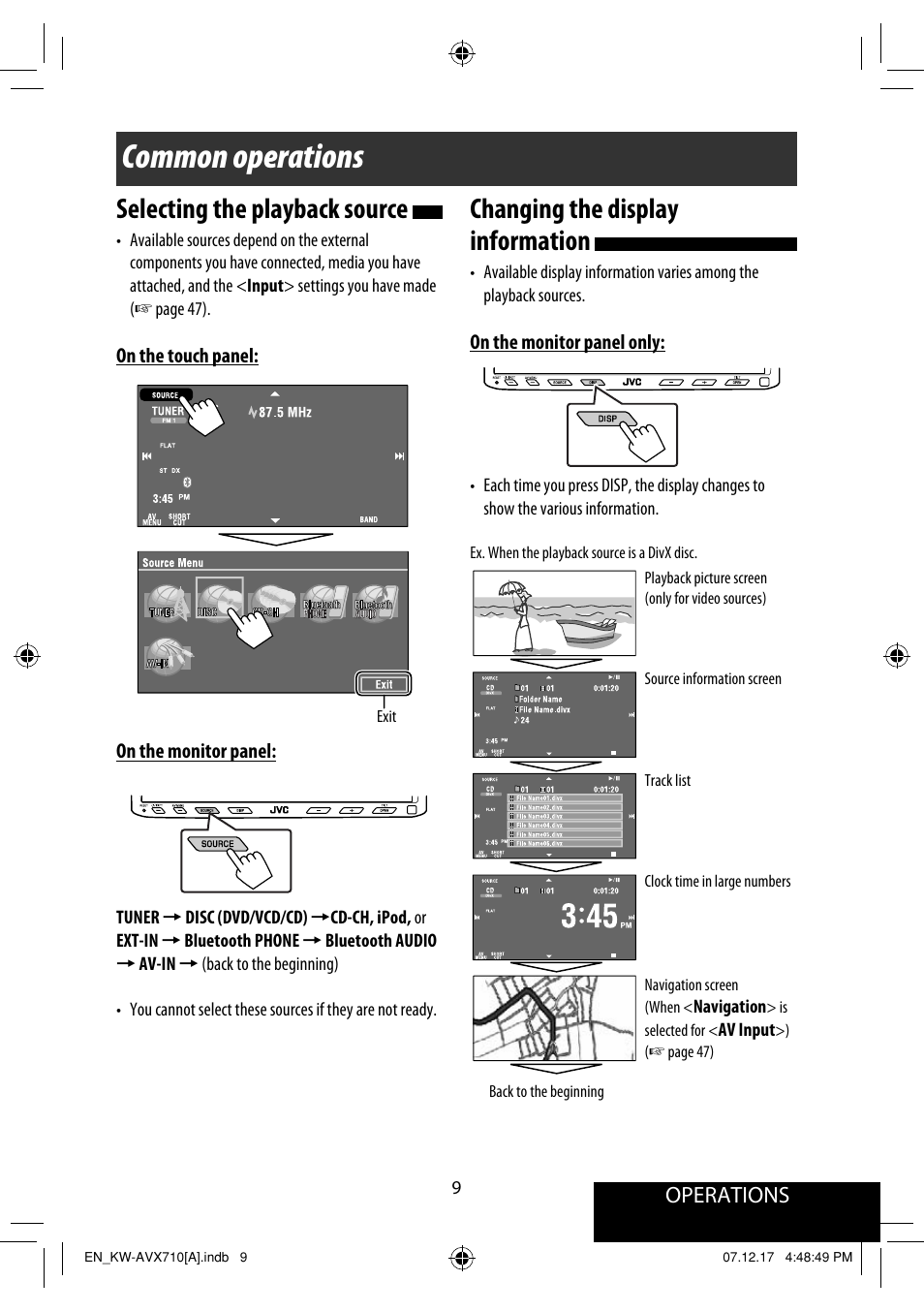 Common operations, Changing the display information, Selecting the playback source | Operations | JVC LVT1778-001A User Manual | Page 539 / 666