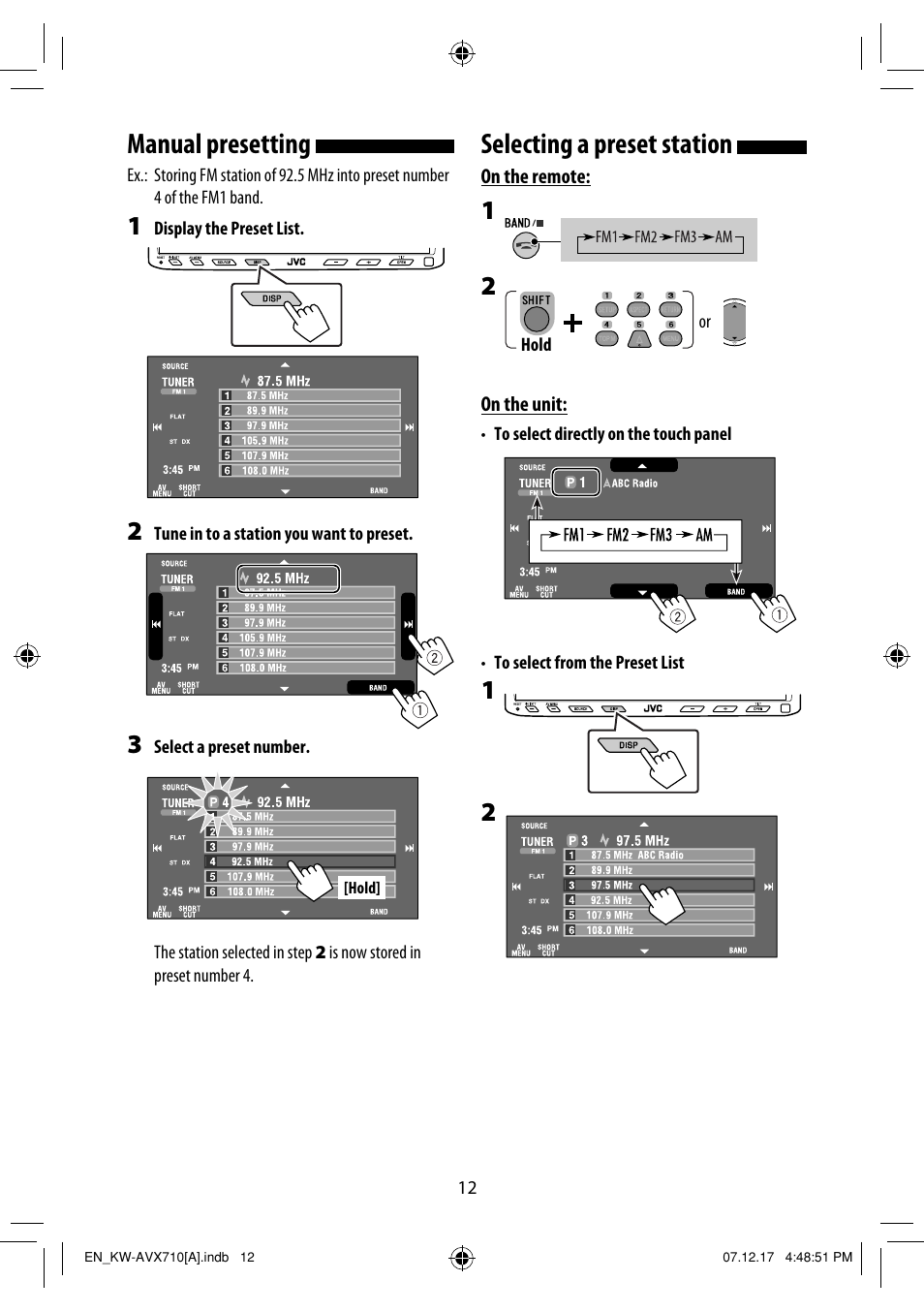 Selecting a preset station, Manual presetting | JVC LVT1778-001A User Manual | Page 542 / 666