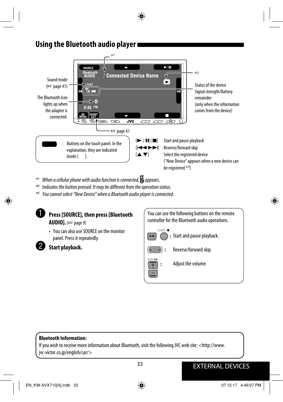 Using the bluetooth audio player, External devices | JVC LVT1778-001A User Manual | Page 563 / 666