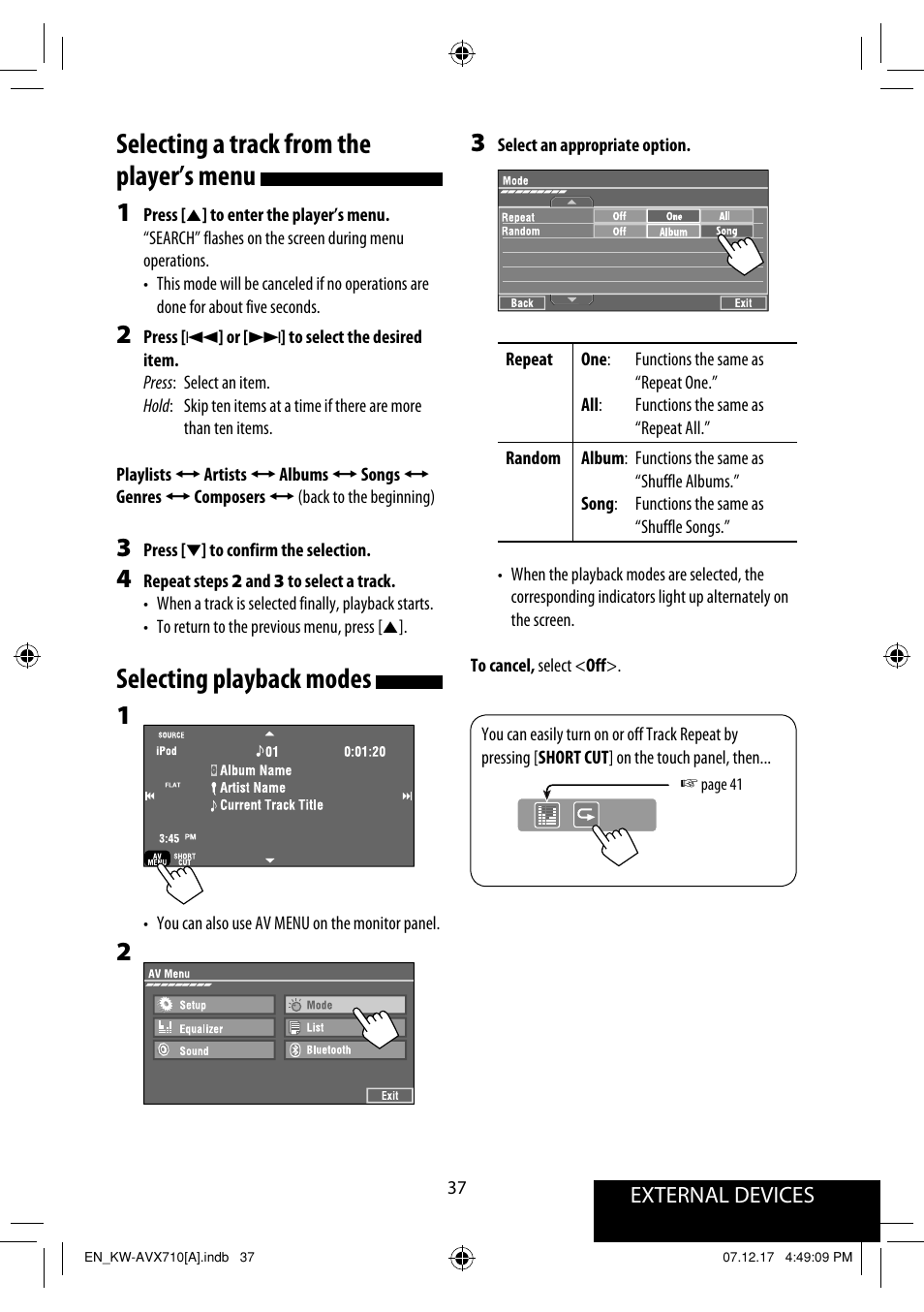 Selecting a track from the player’s menu, Selecting playback modes | JVC LVT1778-001A User Manual | Page 567 / 666