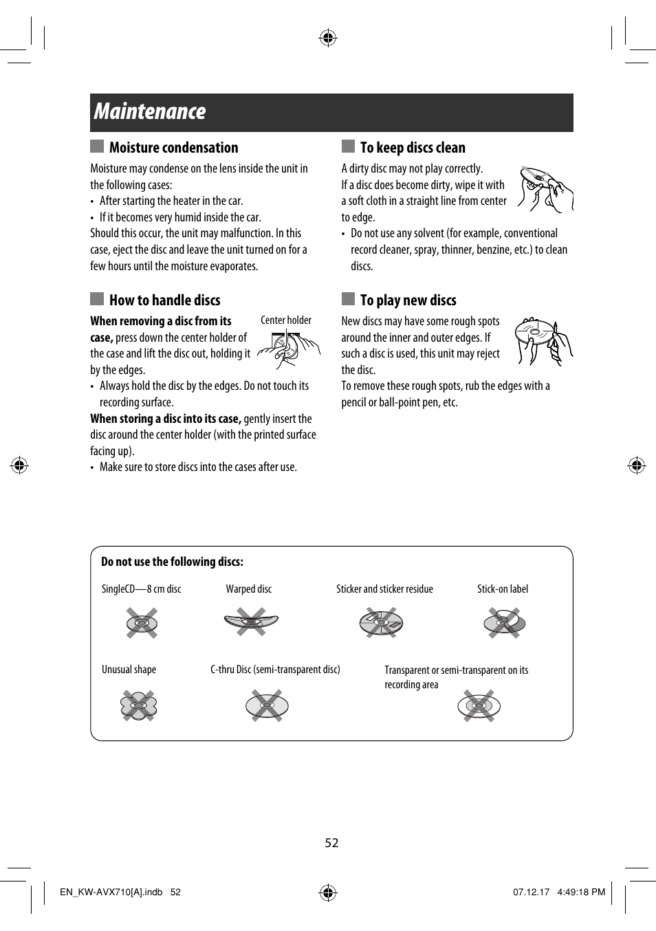 Maintenance, Moisture condensation, How to handle discs | JVC LVT1778-001A User Manual | Page 582 / 666