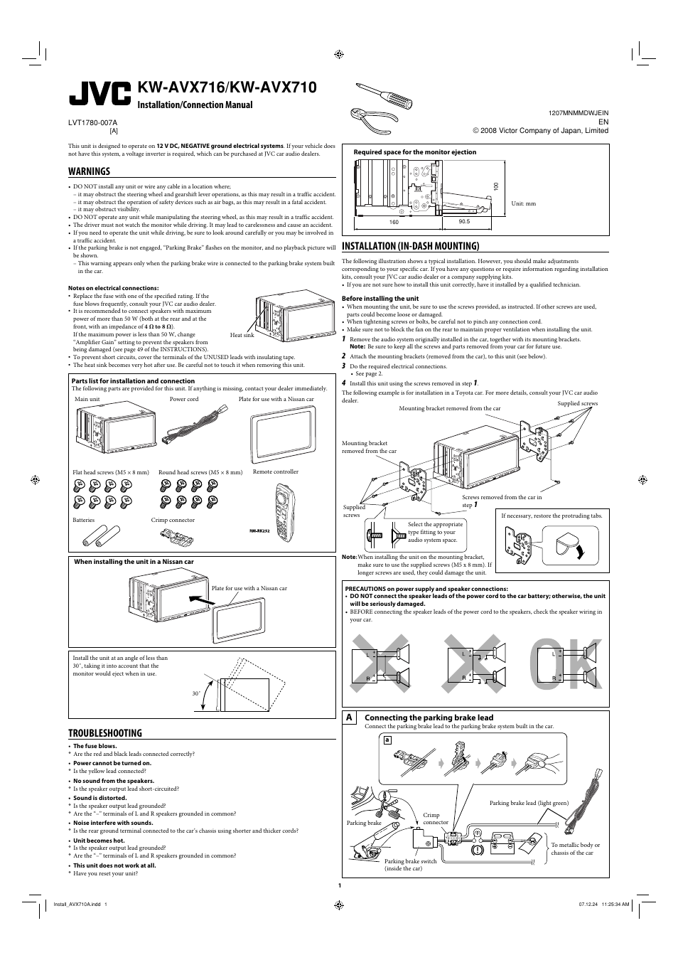 Installation/connection manual, Warnings, Notes on electrical connections | Parts list for installation and connection, When installing the unit in a nissan car, Troubleshooting, Installation, Before installing the unit, Installation (in-dash mounting), Connecting the parking brake lead | JVC LVT1778-001A User Manual | Page 597 / 666