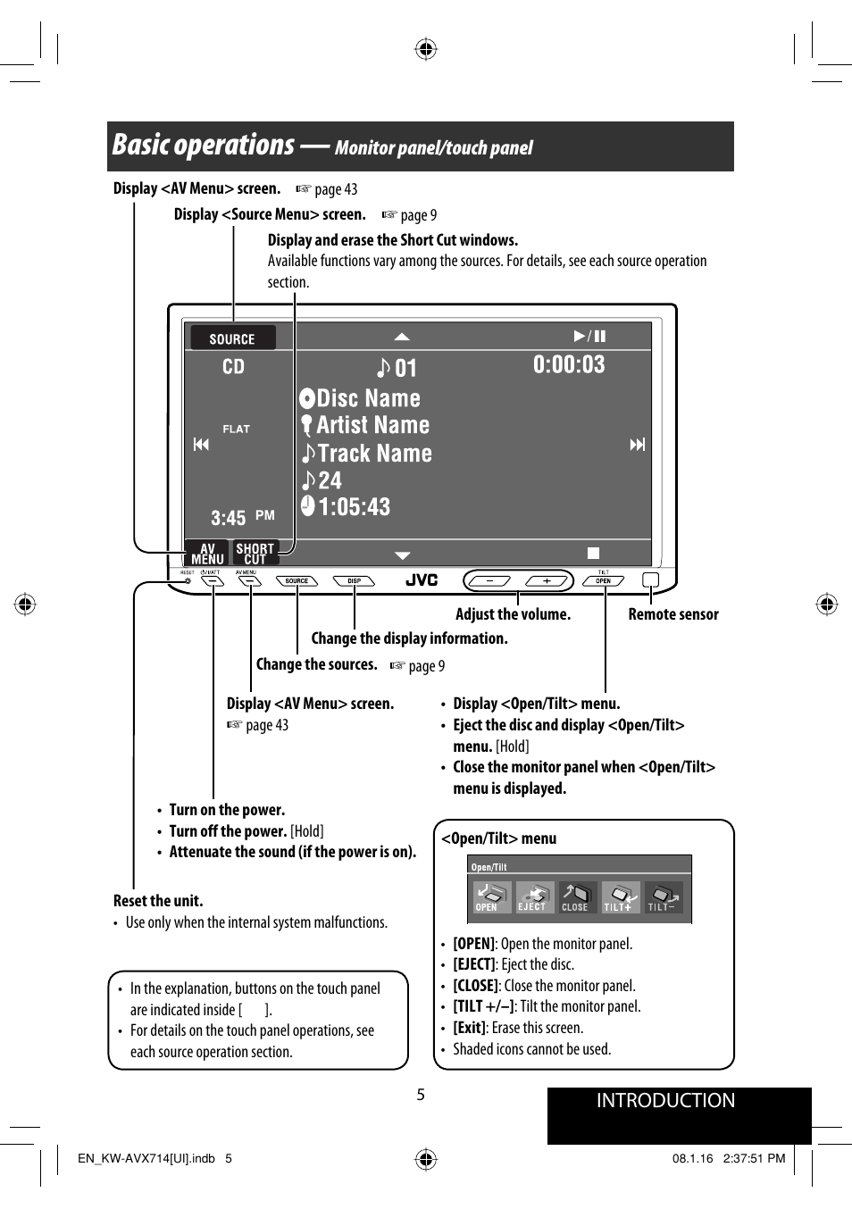 Basic operations — monitor panel/touch panel, Basic operations, Introduction | Monitor panel/touch panel | JVC LVT1778-001A User Manual | Page 603 / 666