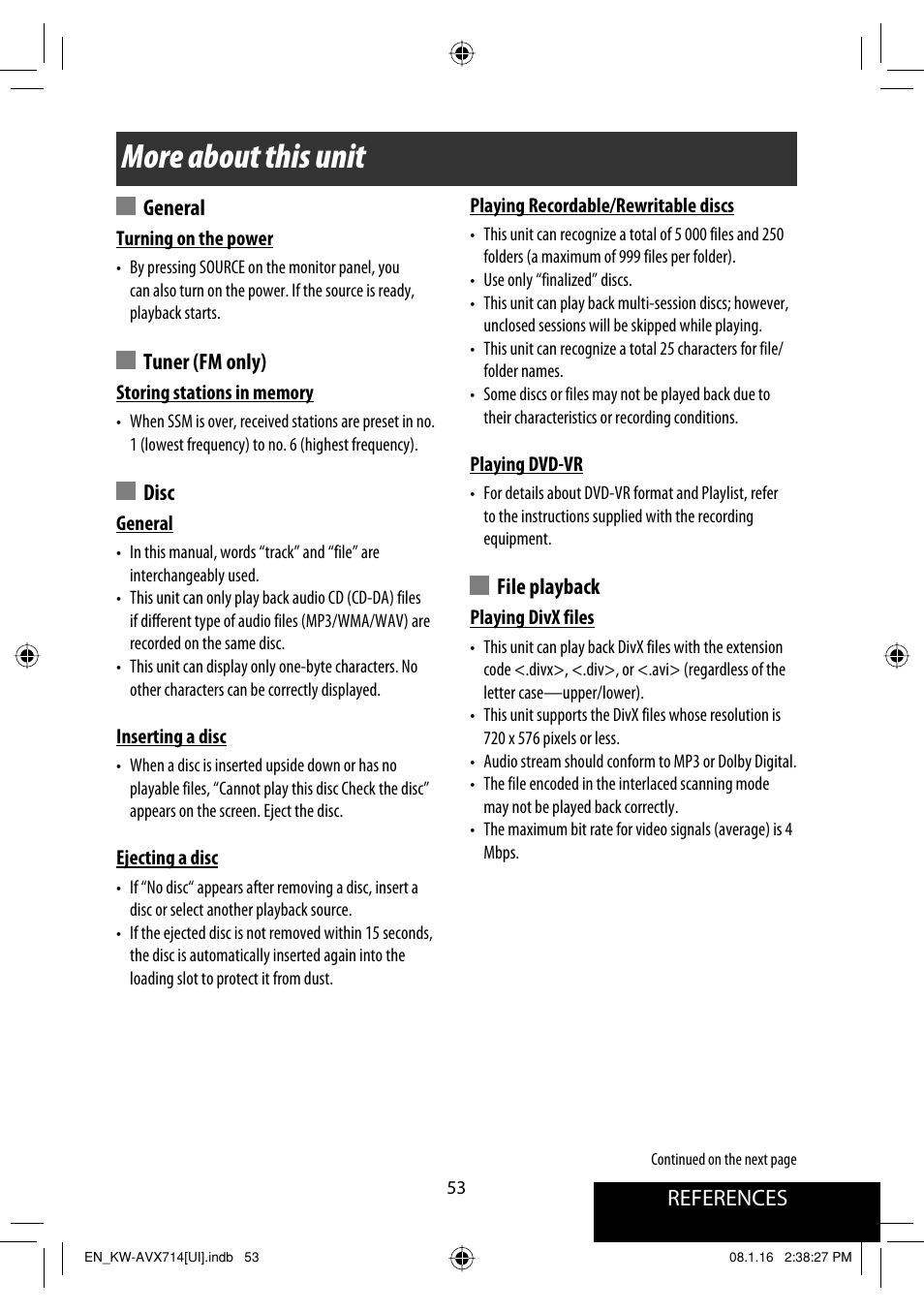 More about this unit, References, General | Tuner (fm only), Disc, File playback | JVC LVT1778-001A User Manual | Page 651 / 666