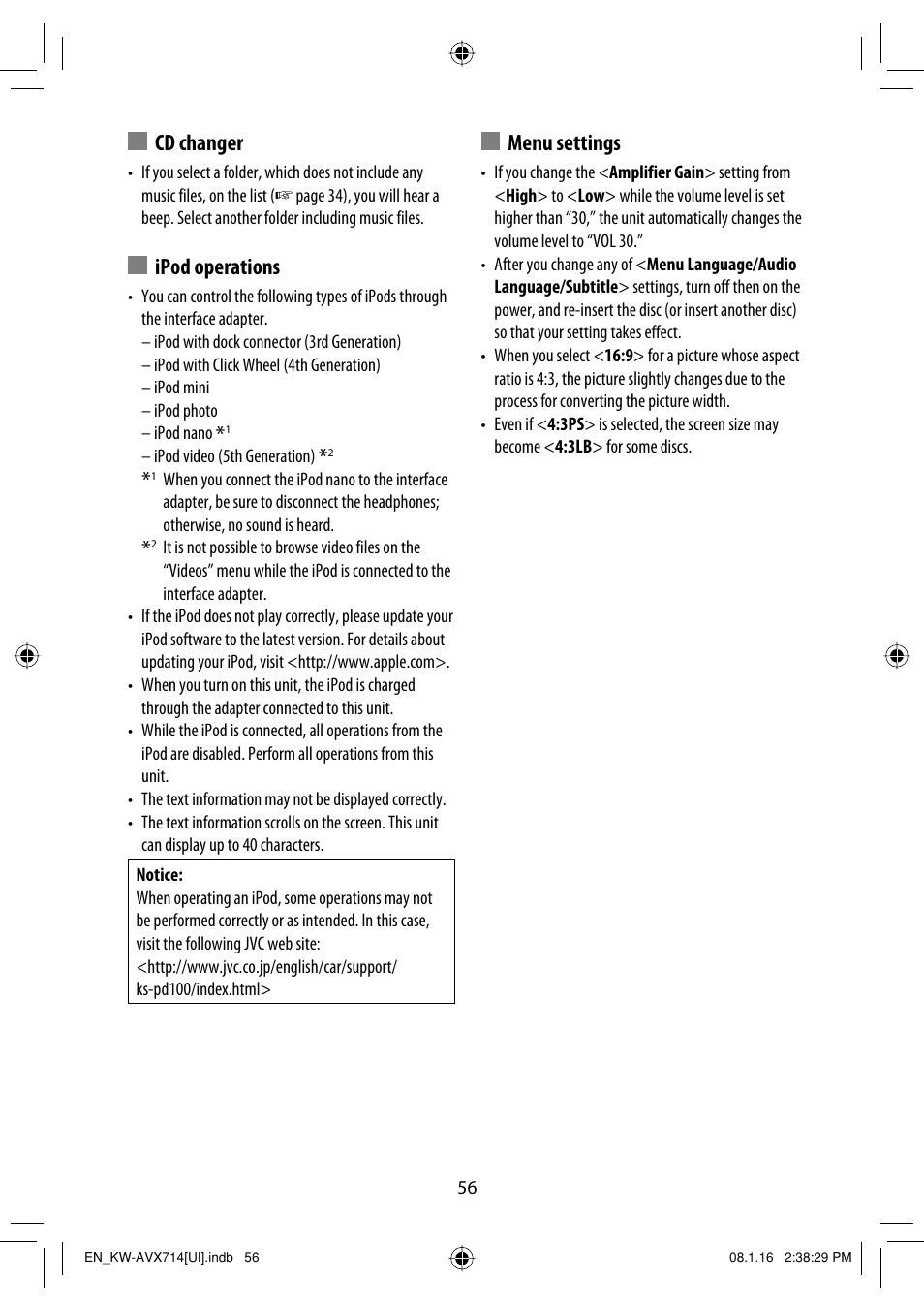 Cd changer, Ipod operations, Menu settings | JVC LVT1778-001A User Manual | Page 654 / 666