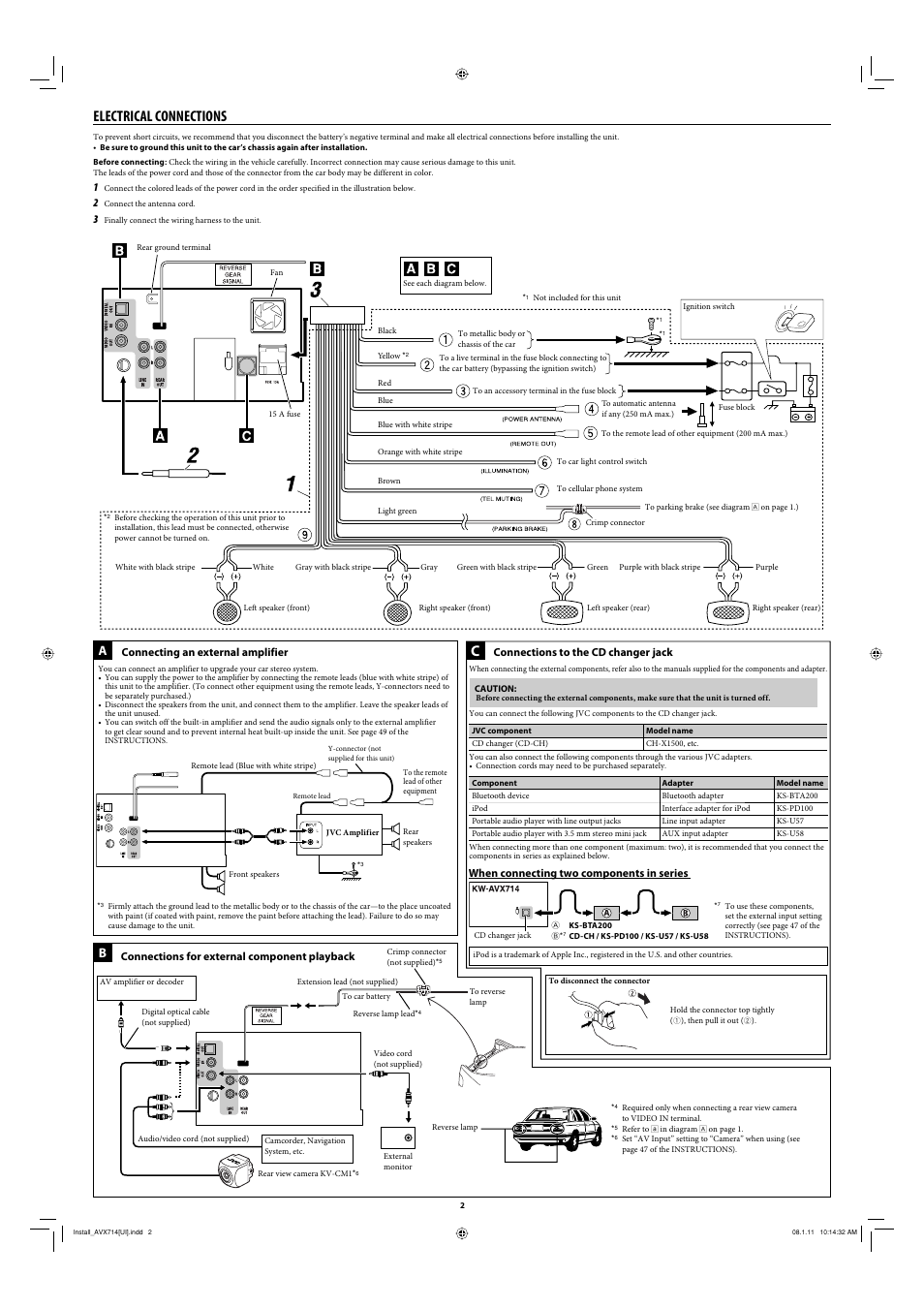 Electrical connections, Connecting an external amplifier, Connections for external component playback | Connections to the cd changer jack, When connecting two components in series | JVC LVT1778-001A User Manual | Page 666 / 666