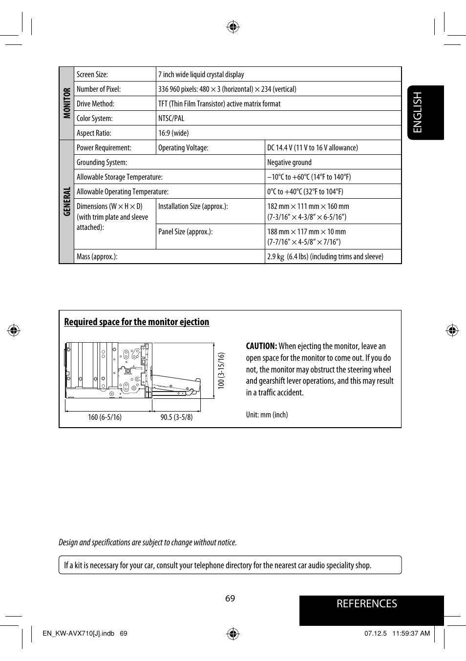 References english, Required space for the monitor ejection | JVC LVT1778-001A User Manual | Page 69 / 666