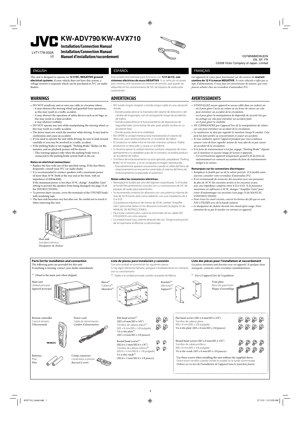 Installation/connection manual, Warnings, Parts list for installation and connection | Advertencias, Avertissements, English, Español, Français | JVC LVT1778-001A User Manual | Page 71 / 666