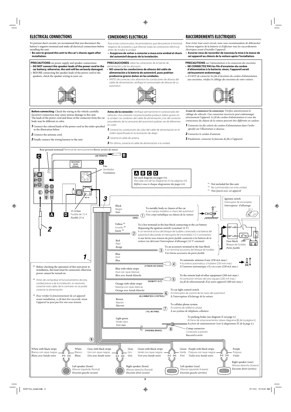 Electrical connections, Precautions, Conexiones electricas | Raccordements electriques | JVC LVT1778-001A User Manual | Page 73 / 666