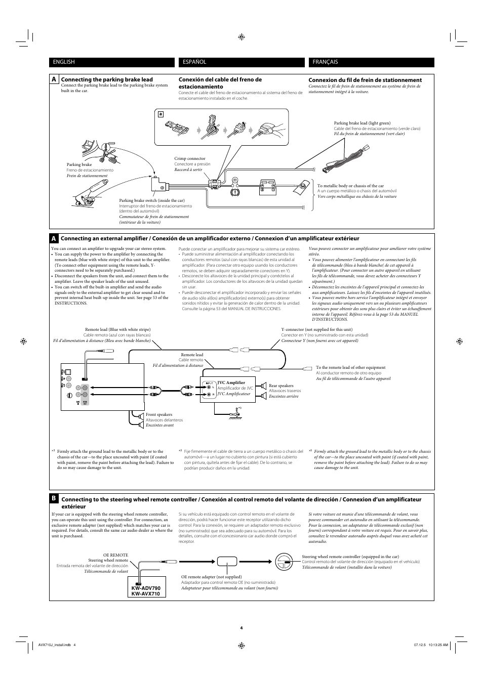 English français español, Connecting the parking brake lead, Conexión del cable del freno de estacionamiento | Connexion du fil de frein de stationnement | JVC LVT1778-001A User Manual | Page 74 / 666