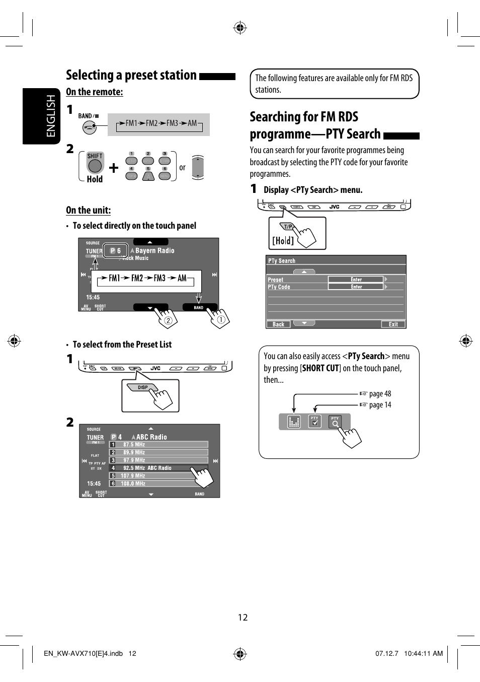 Searching for fm rds programme—pty search, Selecting a preset station | JVC LVT1778-001A User Manual | Page 88 / 666