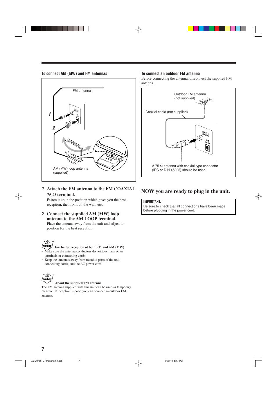 Now you are ready to plug in the unit. 2 1 | JVC Micro Component System UX-S10 User Manual | Page 10 / 28