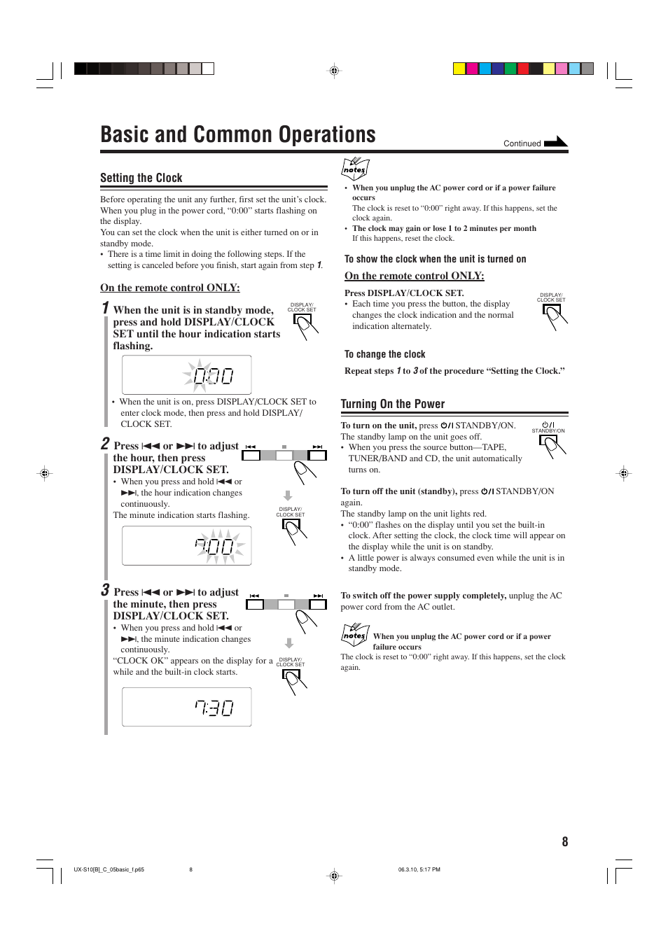 Basic and common operations, Setting the clock, Turning on the power | JVC Micro Component System UX-S10 User Manual | Page 11 / 28