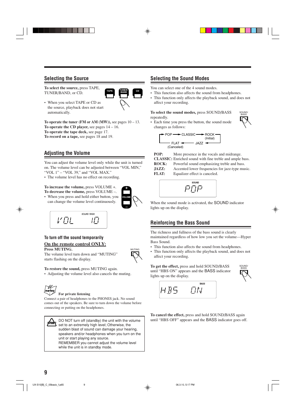 Selecting the source, Adjusting the volume, Selecting the sound modes | Reinforcing the bass sound | JVC Micro Component System UX-S10 User Manual | Page 12 / 28