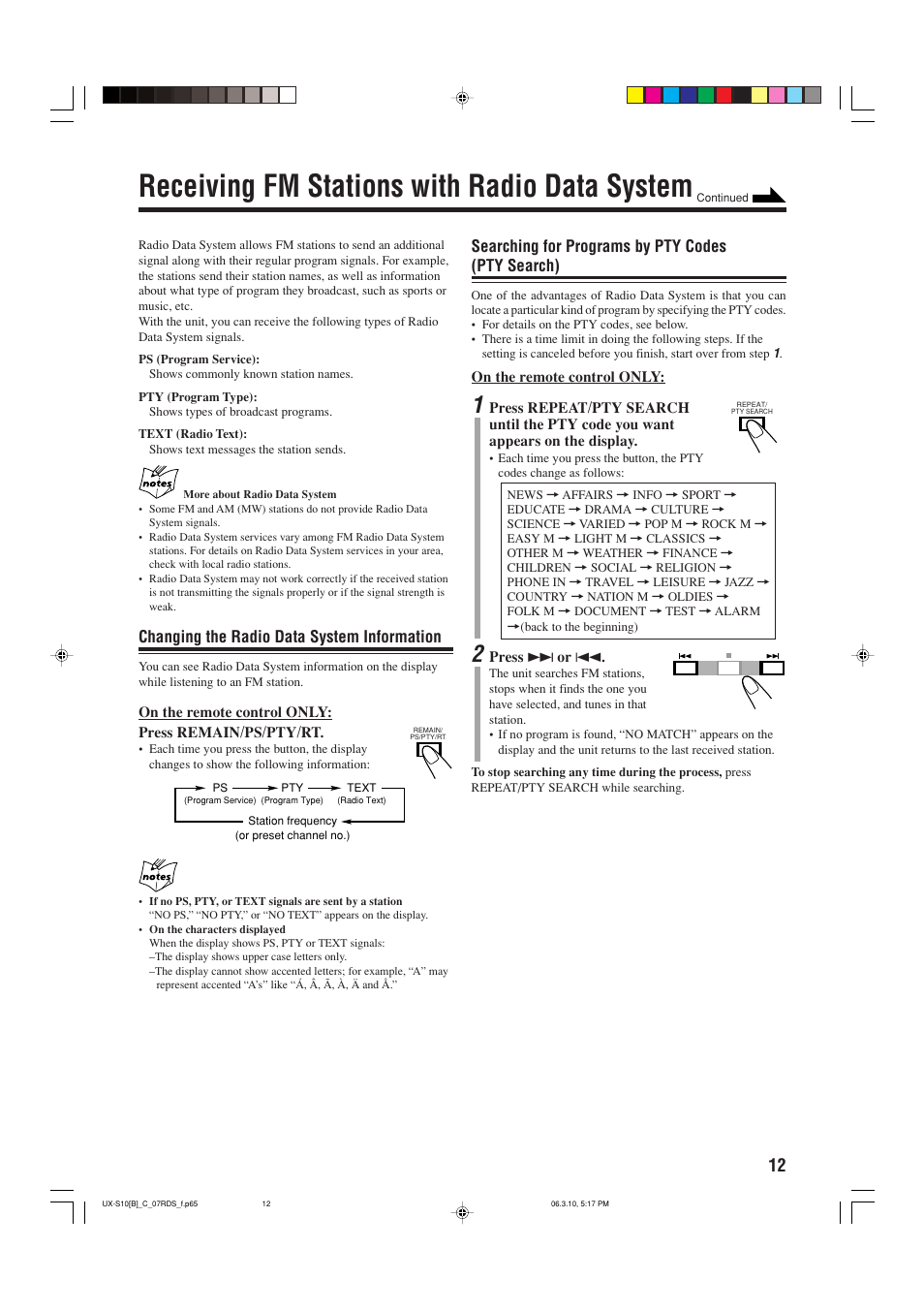 Receiving fm stations with radio data system, Changing the radio data system information, Searching for programs by pty codes (pty search) | JVC Micro Component System UX-S10 User Manual | Page 15 / 28