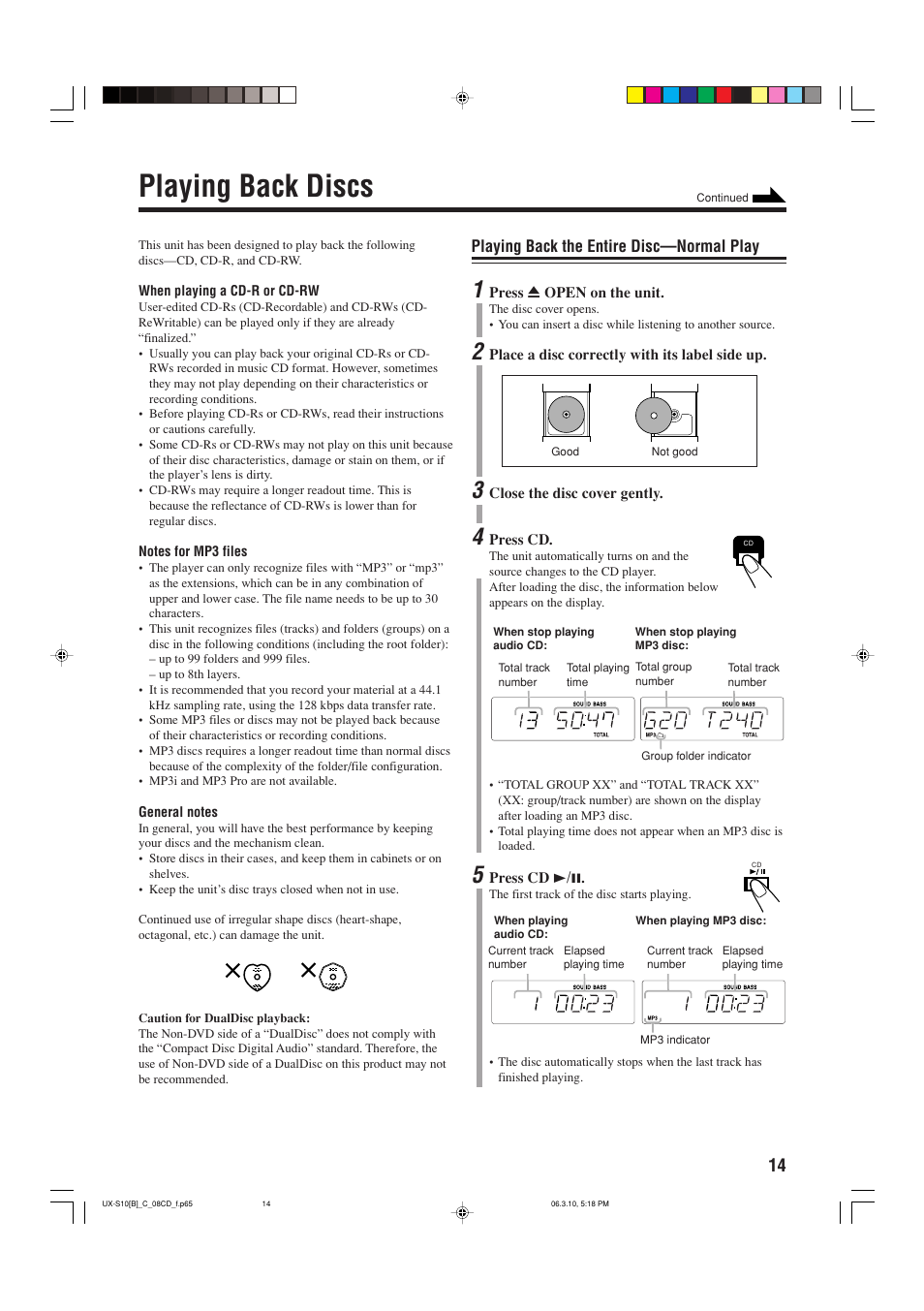 Playing back discs, Playing back the entire disc—normal play | JVC Micro Component System UX-S10 User Manual | Page 17 / 28