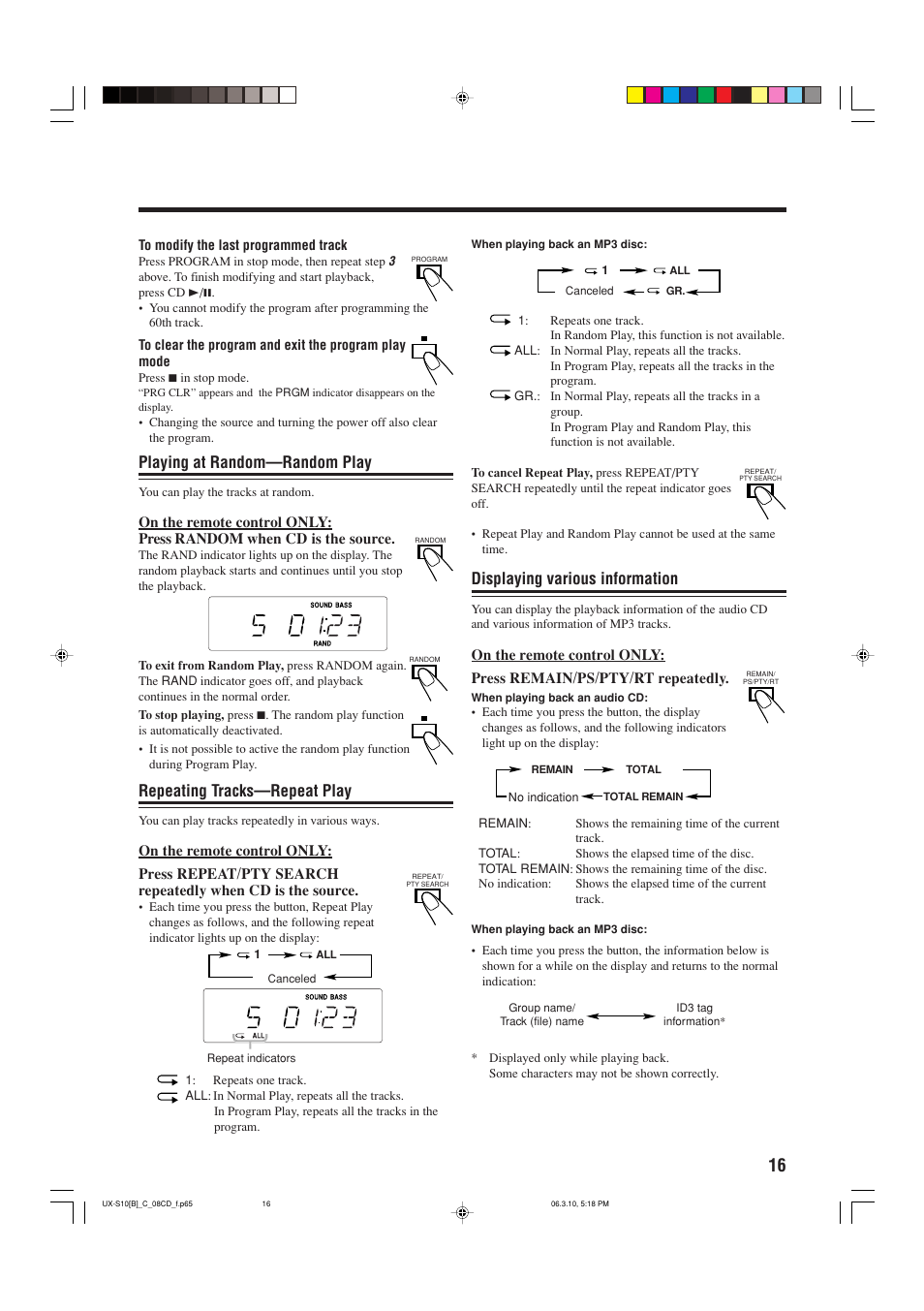 Playing at random—random play, Repeating tracks—repeat play, Displaying various information | JVC Micro Component System UX-S10 User Manual | Page 19 / 28