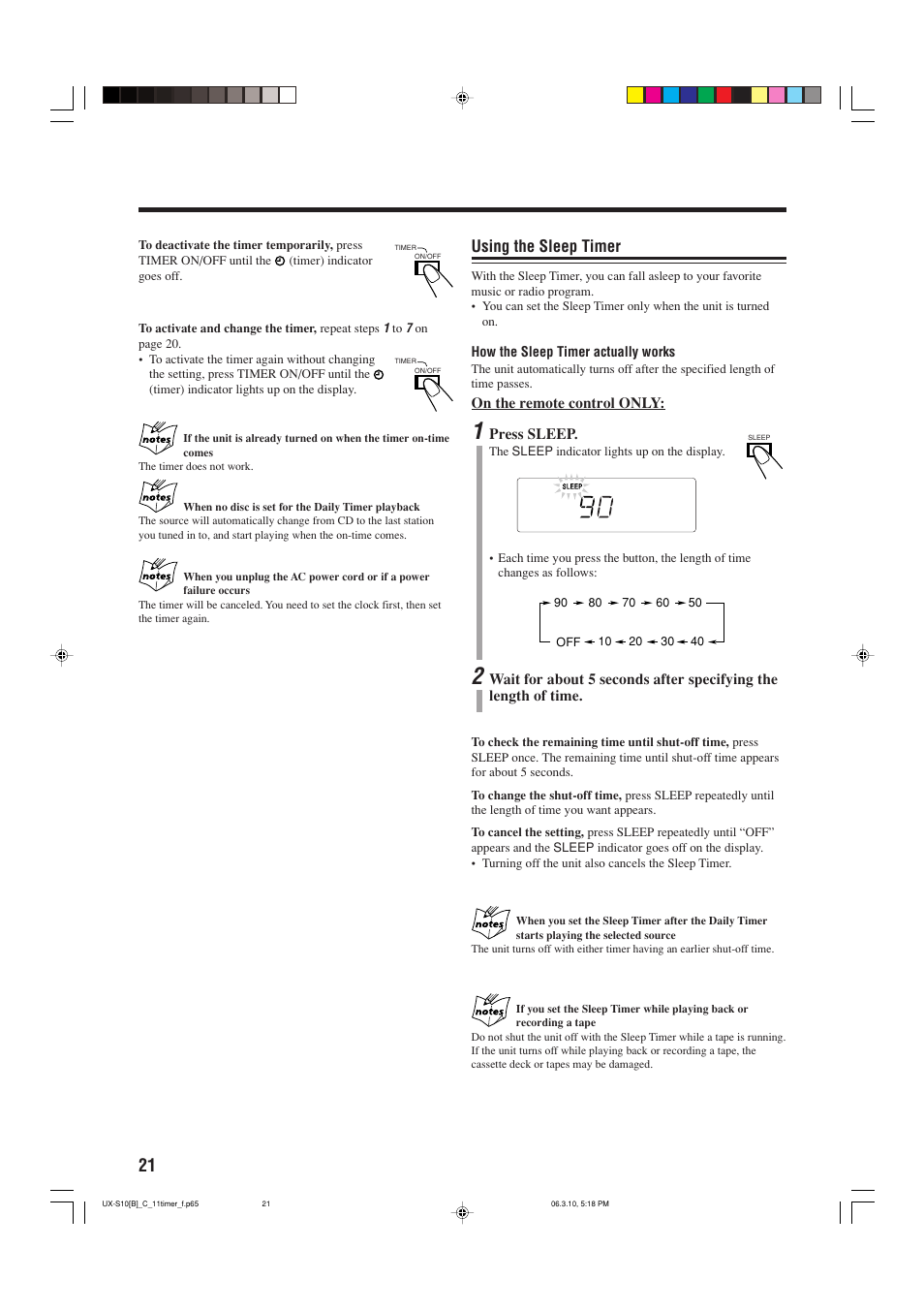 Using the sleep timer | JVC Micro Component System UX-S10 User Manual | Page 24 / 28