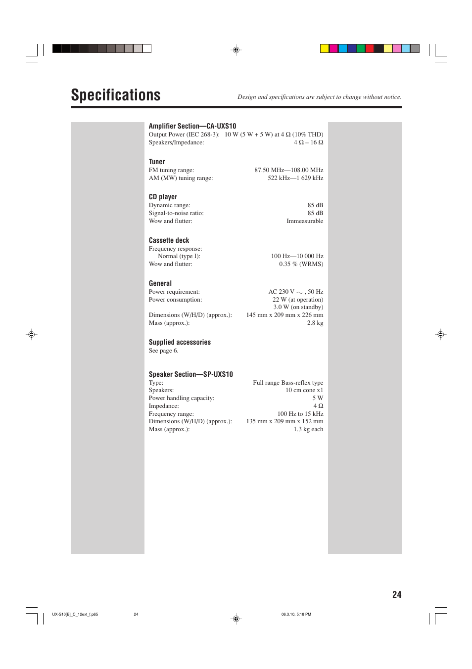 Specifications | JVC Micro Component System UX-S10 User Manual | Page 27 / 28