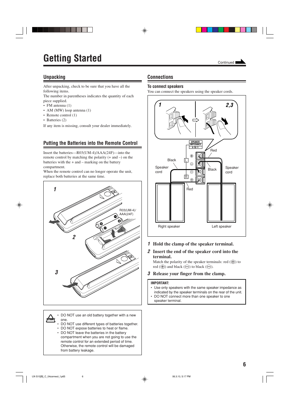 Getting started, Unpacking, Putting the batteries into the remote control | Connections | JVC Micro Component System UX-S10 User Manual | Page 9 / 28