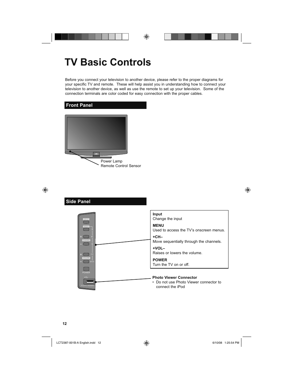 Tv basic controls, Front panel, Side panel | Front panel side panel | JVC 0608TSH-II-IM User Manual | Page 12 / 52