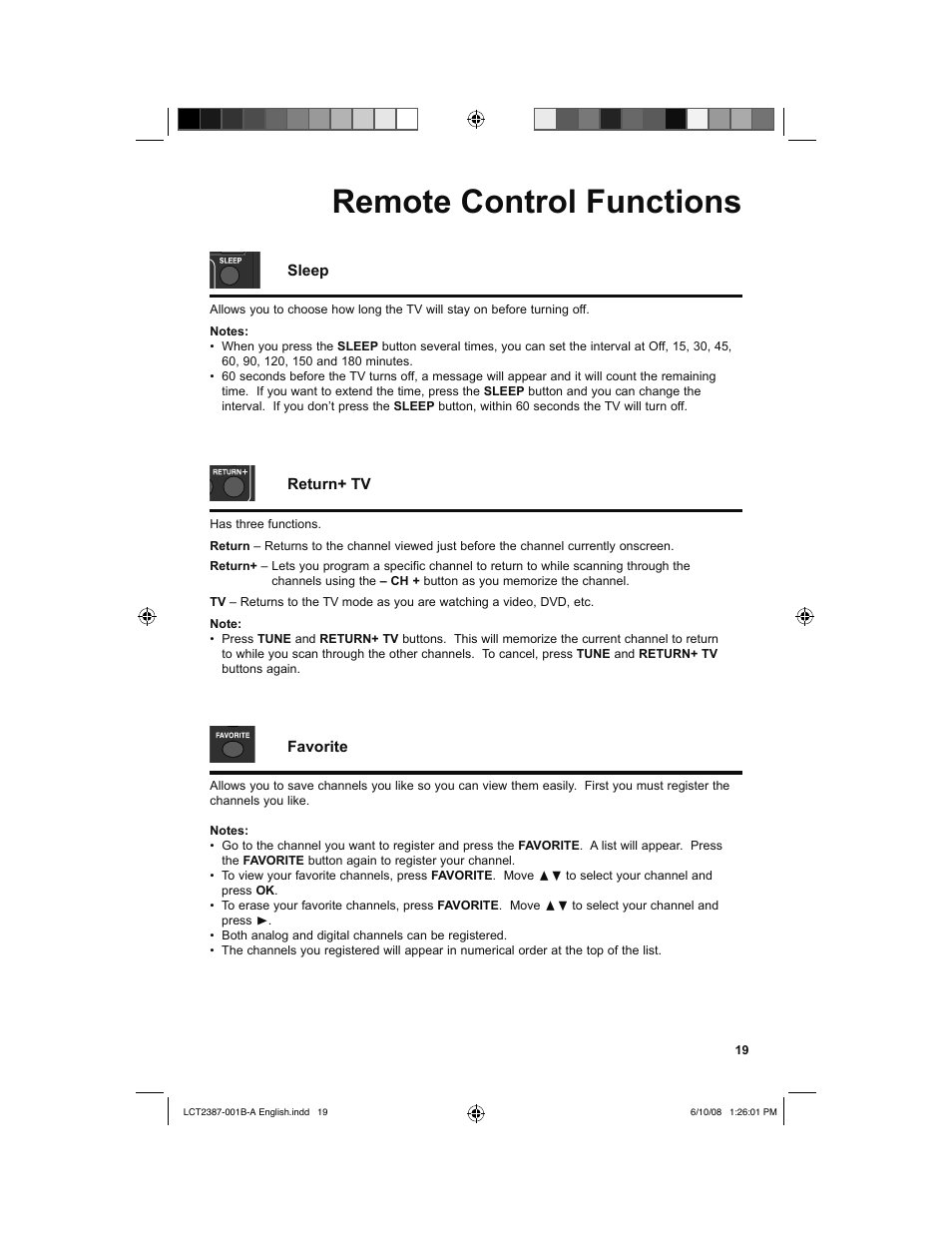 Remote control functions, Sleep, Return+ tv | Favorite | JVC 0608TSH-II-IM User Manual | Page 19 / 52