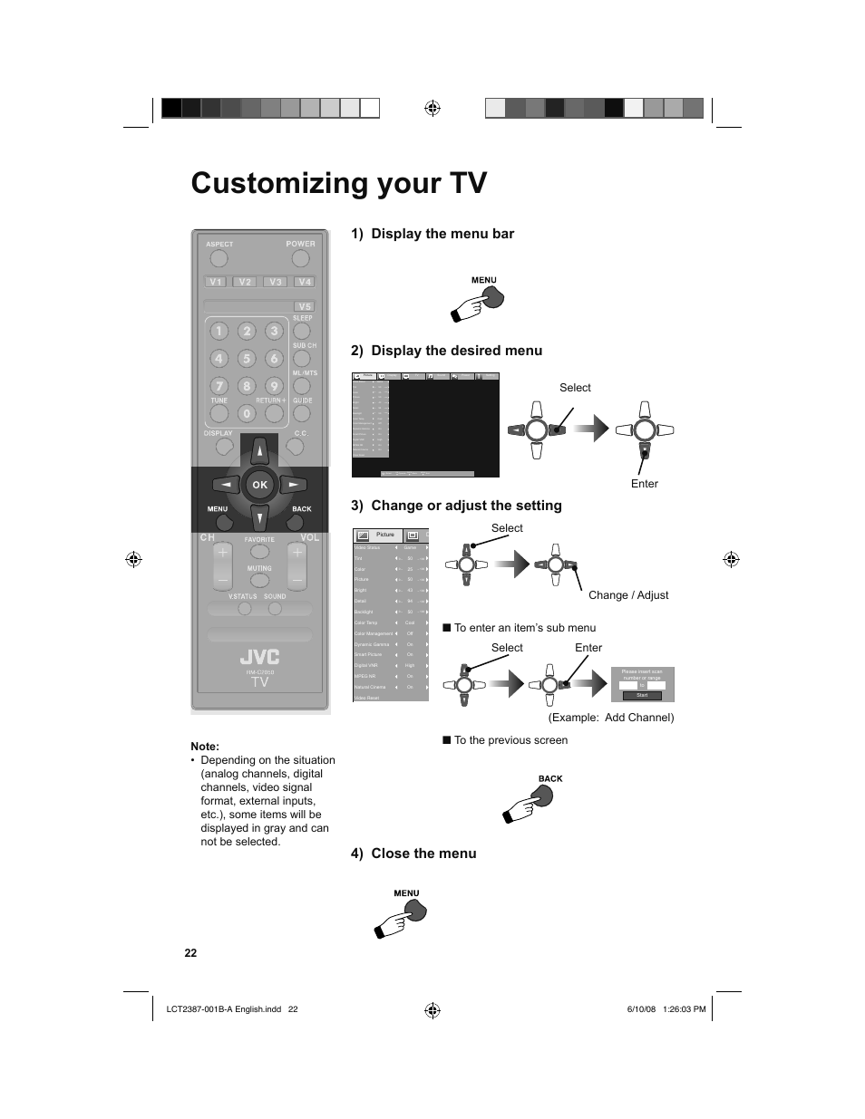 Customizing your tv, 1) display the menu bar, 2) display the desired menu | 3) change or adjust the setting, 4) close the menu, Back, Menu, Select, Enter, Example: add channel) | JVC 0608TSH-II-IM User Manual | Page 22 / 52