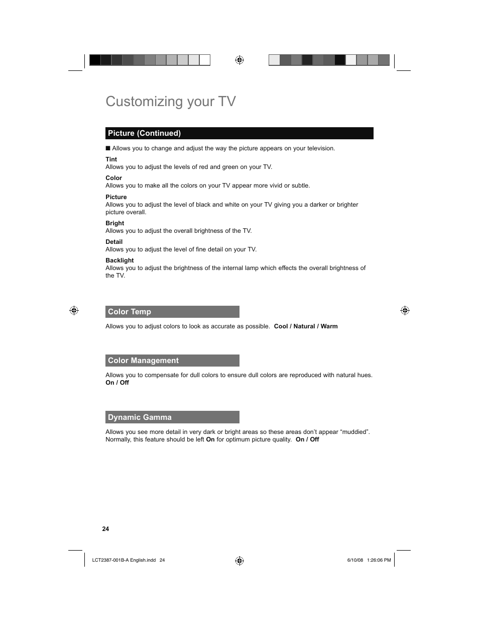 Color temp, Color management, Dynamic gamma | Customizing your tv | JVC 0608TSH-II-IM User Manual | Page 24 / 52