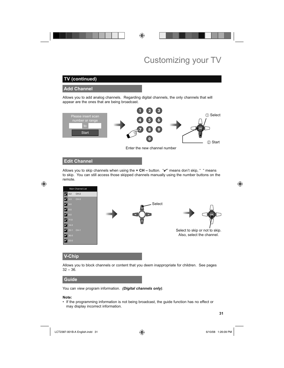 Add channel, Edit channel, V-chip | Guide, Customizing your tv, Tv (continued) v-chip | JVC 0608TSH-II-IM User Manual | Page 31 / 52
