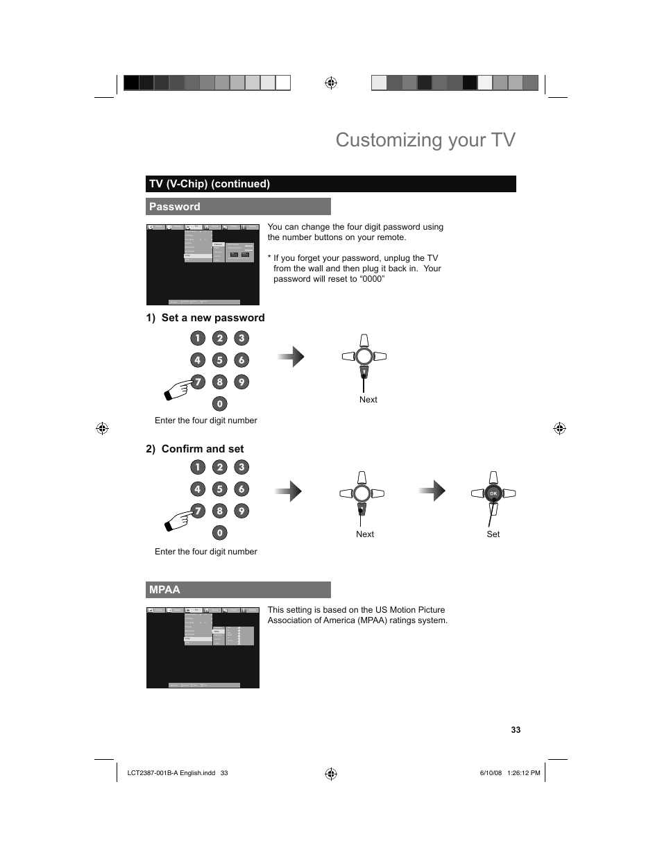 Password, Mpaa, Customizing your tv | 1) set a new password, 2) confi rm and set, Tv (v-chip) (continued), Back, Menu, Next | JVC 0608TSH-II-IM User Manual | Page 33 / 52