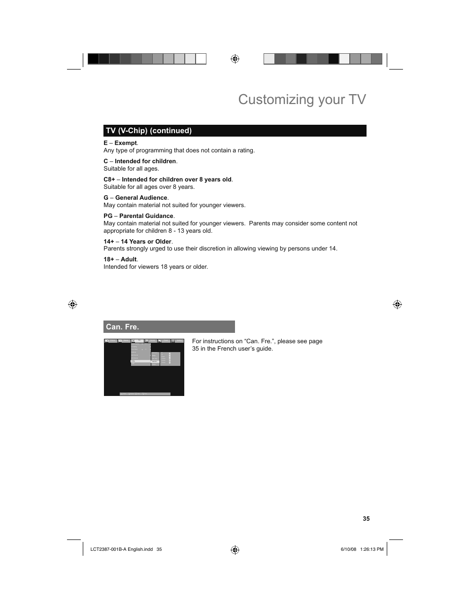 Can. fre, Customizing your tv, Tv (v-chip) (continued) | Back, Menu | JVC 0608TSH-II-IM User Manual | Page 35 / 52