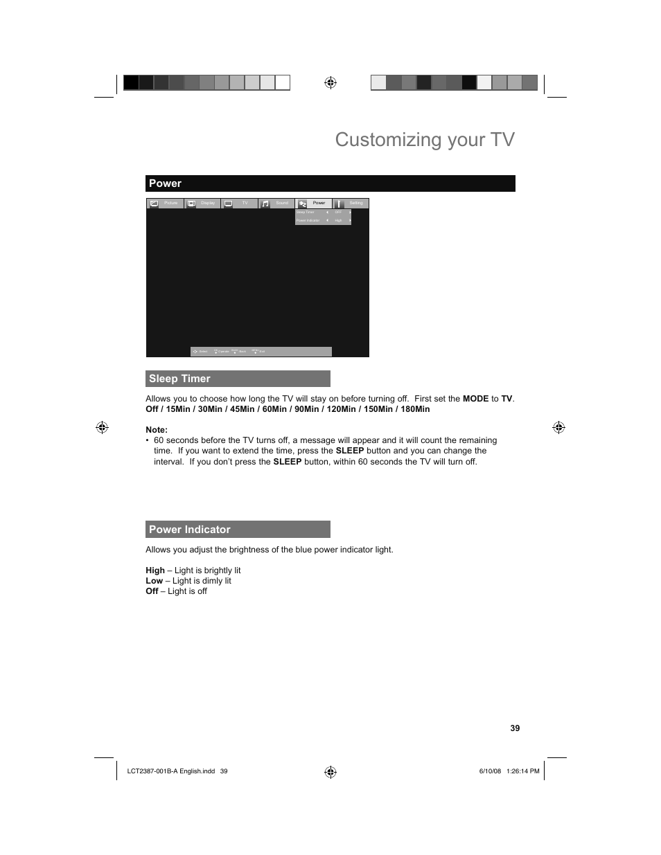 Power, Sleep timer, Power indicator | Customizing your tv, Power sleep timer | JVC 0608TSH-II-IM User Manual | Page 39 / 52