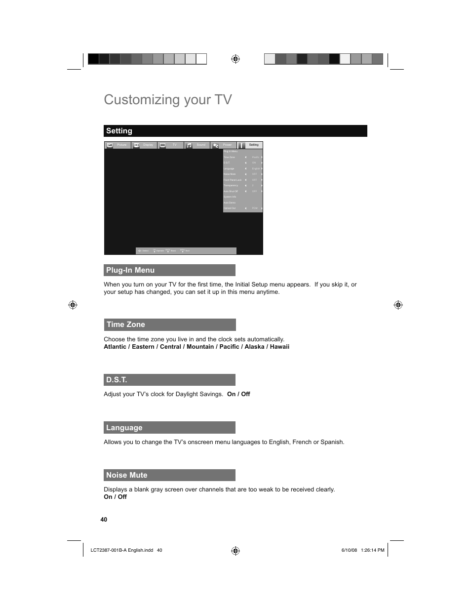 Setting, Plug-in menu, Time zone | D.s.t, Language, Noise mute, Customizing your tv, Setting plug-in menu, Time zone d.s.t. language noise mute | JVC 0608TSH-II-IM User Manual | Page 40 / 52