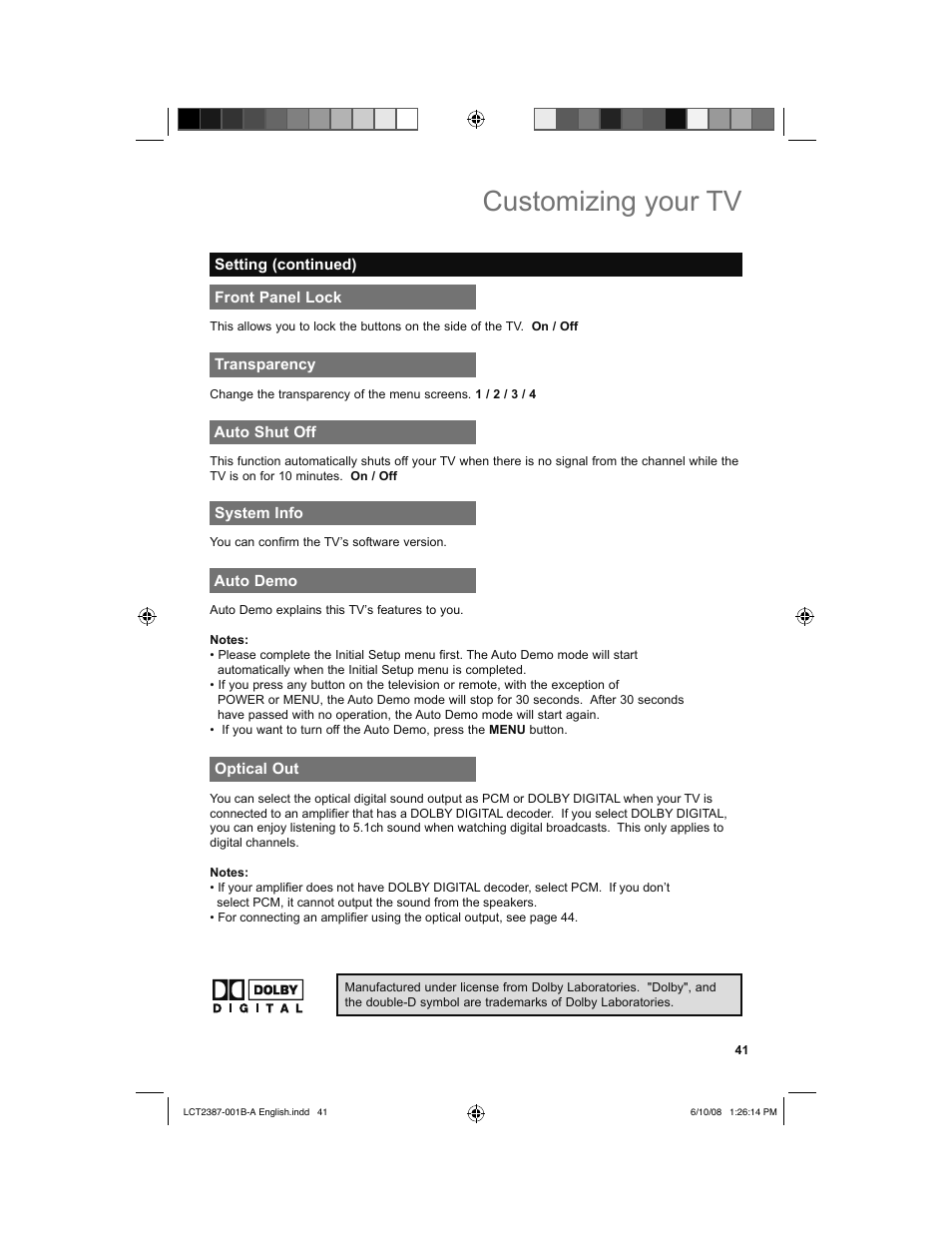 Front panel lock, Transparency, Auto shut off | System info, Auto demo, Optical out, Customizing your tv | JVC 0608TSH-II-IM User Manual | Page 41 / 52