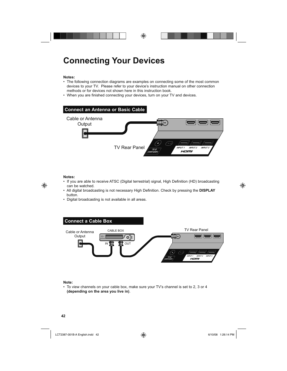 Connecting your devices, Connect an antenna or basic cable, Connect a cable box | Tv rear panel cable or antenna output | JVC 0608TSH-II-IM User Manual | Page 42 / 52