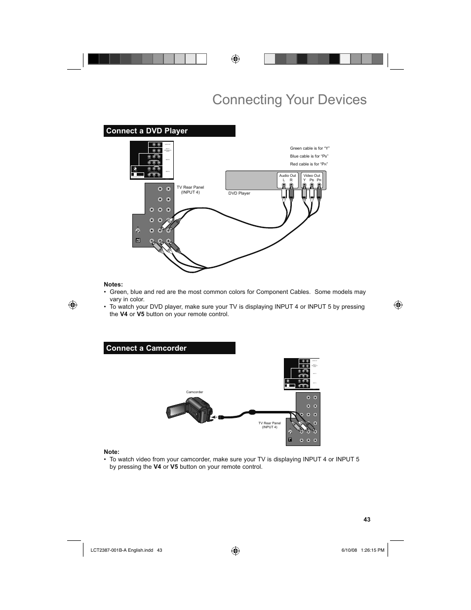 Connect a dvd player, Connect a camcorder, Connecting your devices | Connect a dvd player connect a camcorder | JVC 0608TSH-II-IM User Manual | Page 43 / 52