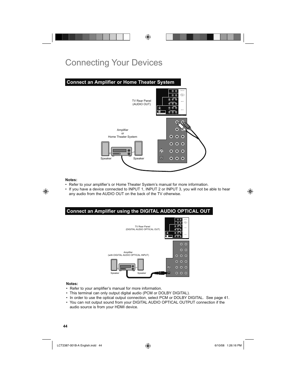 Connect an amplifier or home theater system, Connecting your devices | JVC 0608TSH-II-IM User Manual | Page 44 / 52