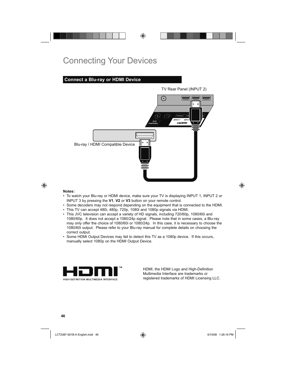 Connect a blu-ray or hdmi device, Connecting your devices | JVC 0608TSH-II-IM User Manual | Page 46 / 52