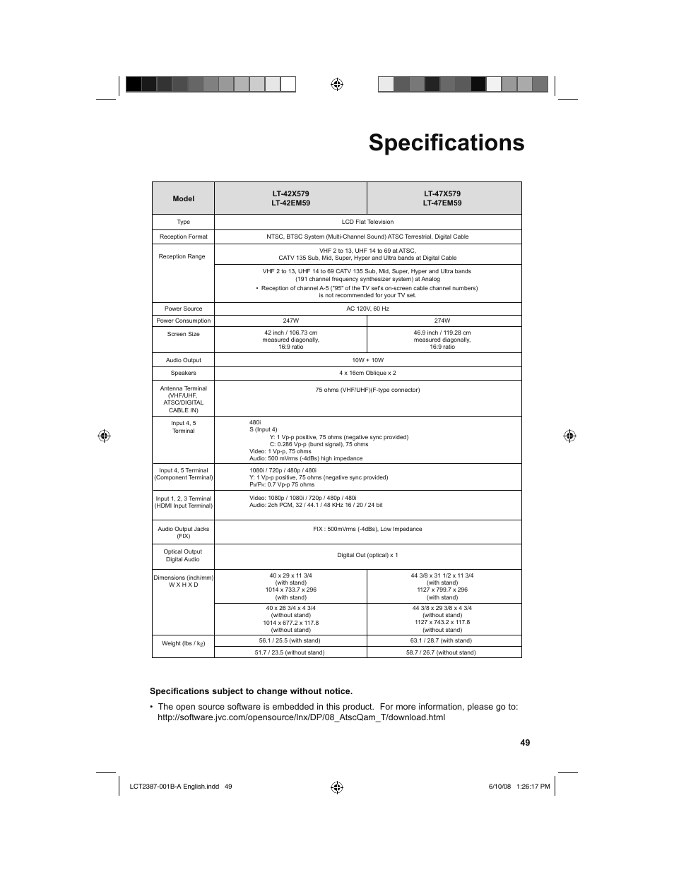 Specifications, Specifi cations | JVC 0608TSH-II-IM User Manual | Page 49 / 52