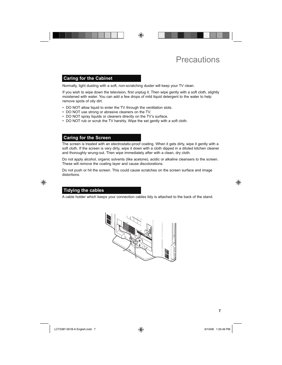 Caring for the cabinet, Caring for the screen, Tidying the cables | Precautions | JVC 0608TSH-II-IM User Manual | Page 7 / 52