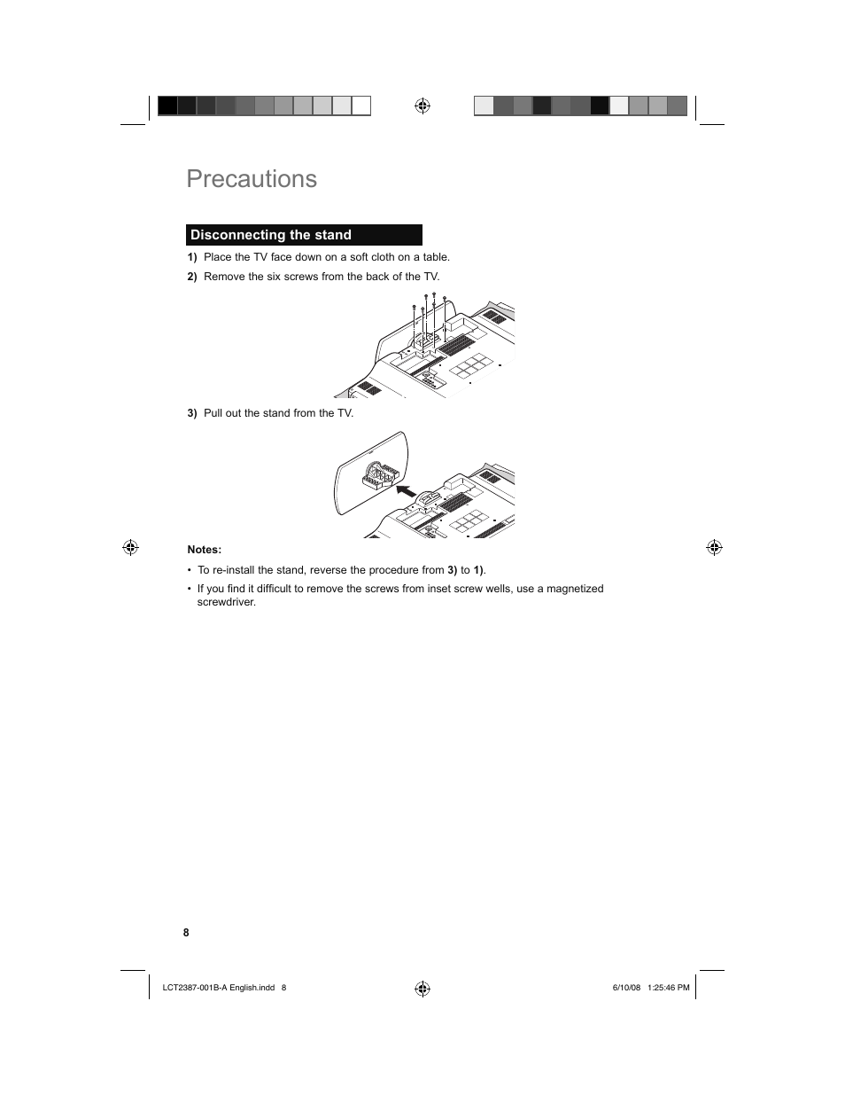 Disconnecting the stand, Precautions | JVC 0608TSH-II-IM User Manual | Page 8 / 52