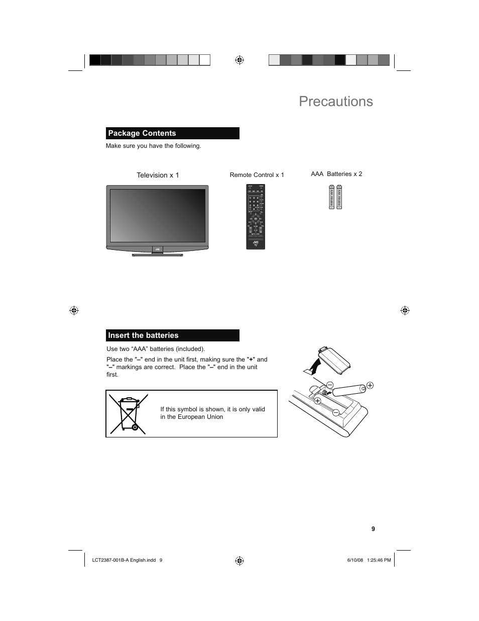 Package contents, Insert the batteries, Precautions | Television x 1 | JVC 0608TSH-II-IM User Manual | Page 9 / 52